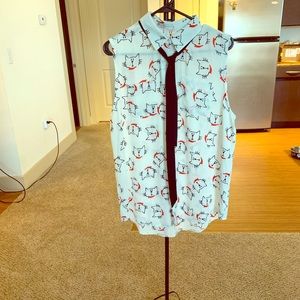 Button up Cat Tank top with black tie scarf